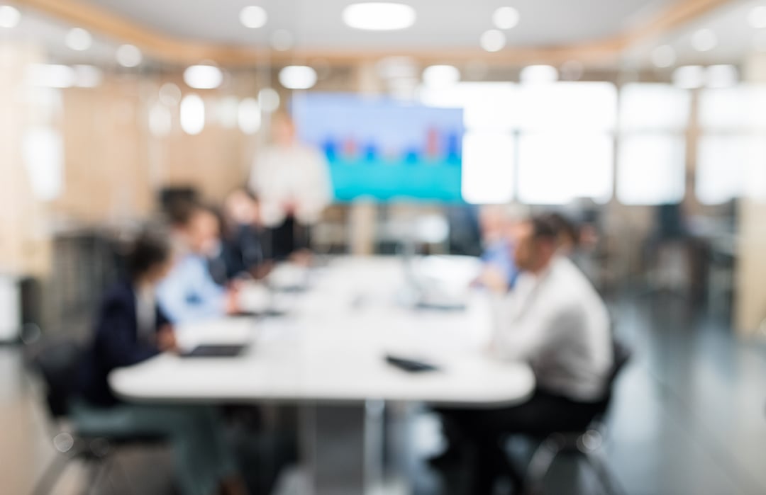 Out of focus image of approximately seven or eight people gathered around a conference table with one person standing at the head presenting in front of a TV monitor.
